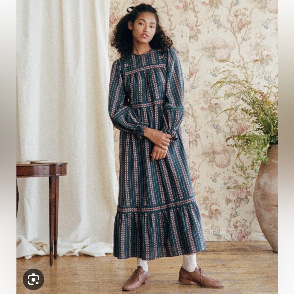 Christy Dawn The Corinne Dress Indigo Zinnia Stripe Organic Cotton  Sz M